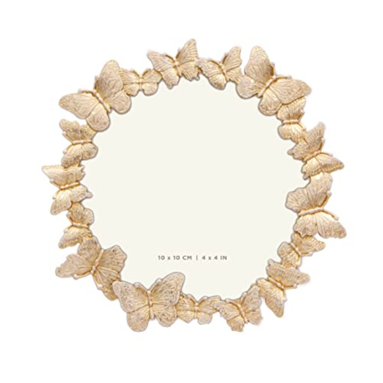 Round Butterfly Picture Frame with Gold With White Painted Frame 4”x4” Personalized Photo Frame Round Shape, for Vertical Display on Tabletop, Home Decor, Wedding or any Milestone Photos